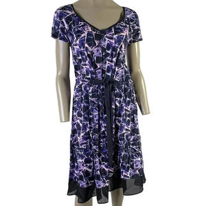 Simply Vera Wang Short Sleeve Tie Waist Shirt Dress Size L Purple Abstract